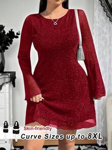 SHEIN CURVE+ Plus Size Women Flare Sleeve Glitter Mesh Dress/Autumn /Winter - Burgundy - View 5