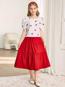 Tween Girl Heart Print T-Shirt And Red Skirt Set - Red - View 1