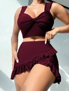 Women's Summer Twist Design 3-Piece Bikini Set With Cover-Up And Mini Skirt - Bordeaux - View 6
