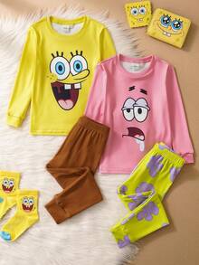 SpongeBob SquarePants | SHEIN 4pcs/Set Young Boy Cute Cartoon Pattern Crew Neck Long Sleeve Top And Pants Snug Fit Comfortable Pajama Set - Multicolor - View 1