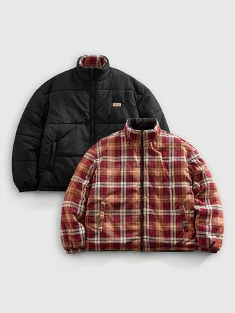 2-Way Wear Red & White Plaid Men's Casual Zip-Up Long Sleeve Jacket, Winter