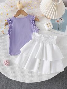 Genkimix Kids Set Pakaian Liburan Anak Perempuan yang Imut: Rompi Berenda di Bagian Bawah Dipadukan dengan Rok Kue Patchwork, Dekorasi Bunga 3D dari Benang Buatan Tangan - Purple - View 2