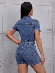 SHEIN Tall Women's Collared Button Pocket Casual Short Sleeve Denim Jumpsuit - Blue - View 2