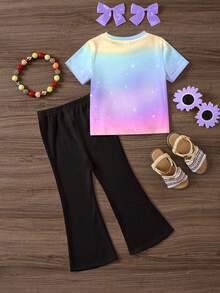 SHEIN 返校季，卡通女孩肖像，女团印花，活力紫色，韩流少女休闲简约卡通图案圆领短袖T恤和喇叭裤两件套，适合夏季、休闲校园运动风、户外野餐、街头摄影、居家穿着。 - 彩色 - 查看 3