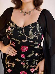 Modelyn Plus Size Elegant Party Floral Embroidery Patchwork Cape Sleeve Dress Party Wear Dresses For Women - Multicolor - View 2