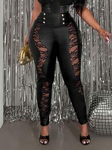 Slaydiva Quần skinny cạp cao màu đen phối lưới và giả da thanh lịch và gợi cảm dành cho nữ cỡ lớn, thích hợp cho mùa Thu/Đông. - màu đen - Xem 1