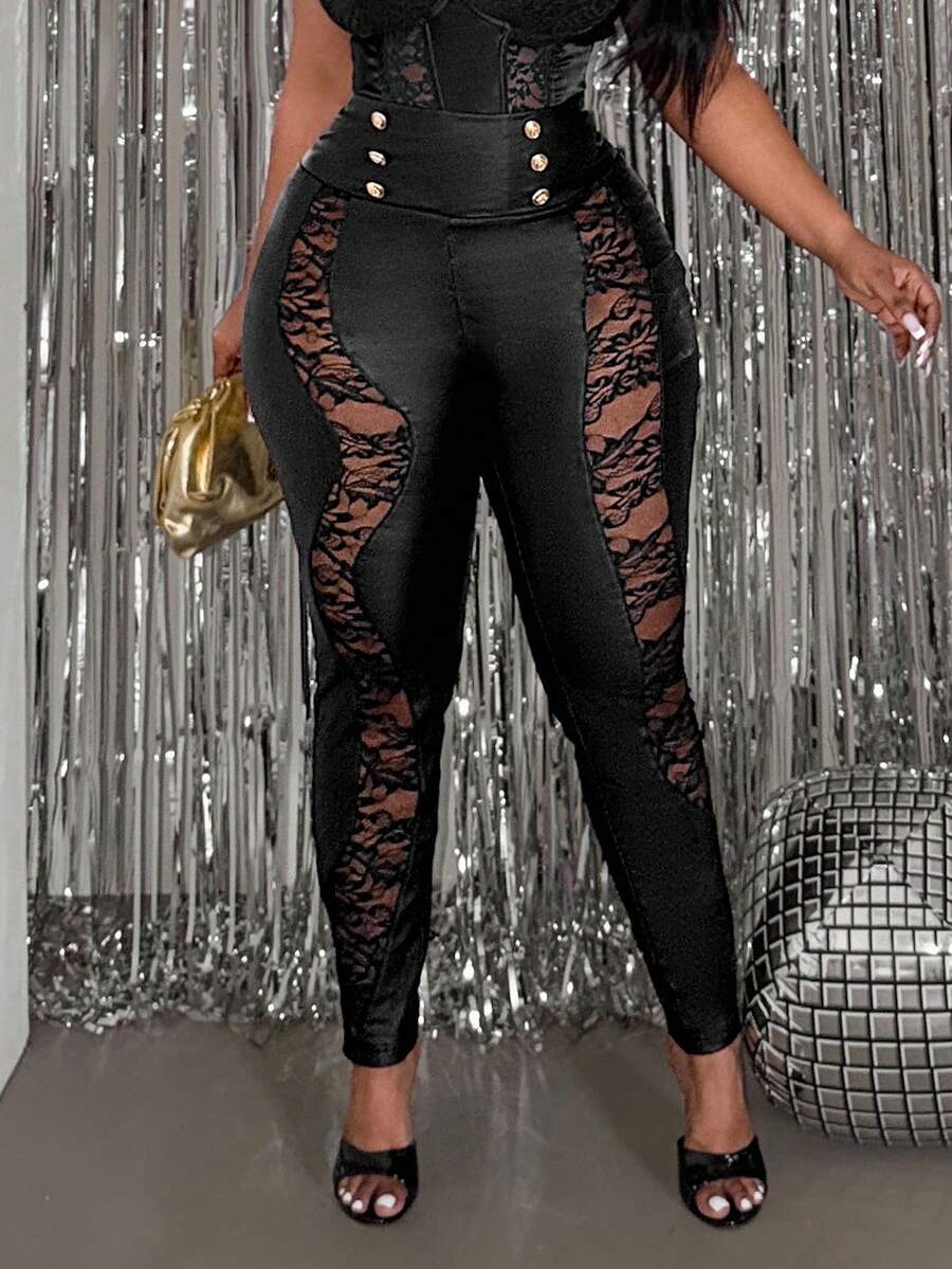 Slaydiva Quần skinny cạp cao màu đen phối lưới và giả da thanh lịch và gợi cảm dành cho nữ cỡ lớn, thích hợp cho mùa Thu/Đông. - màu đen - Xem 1