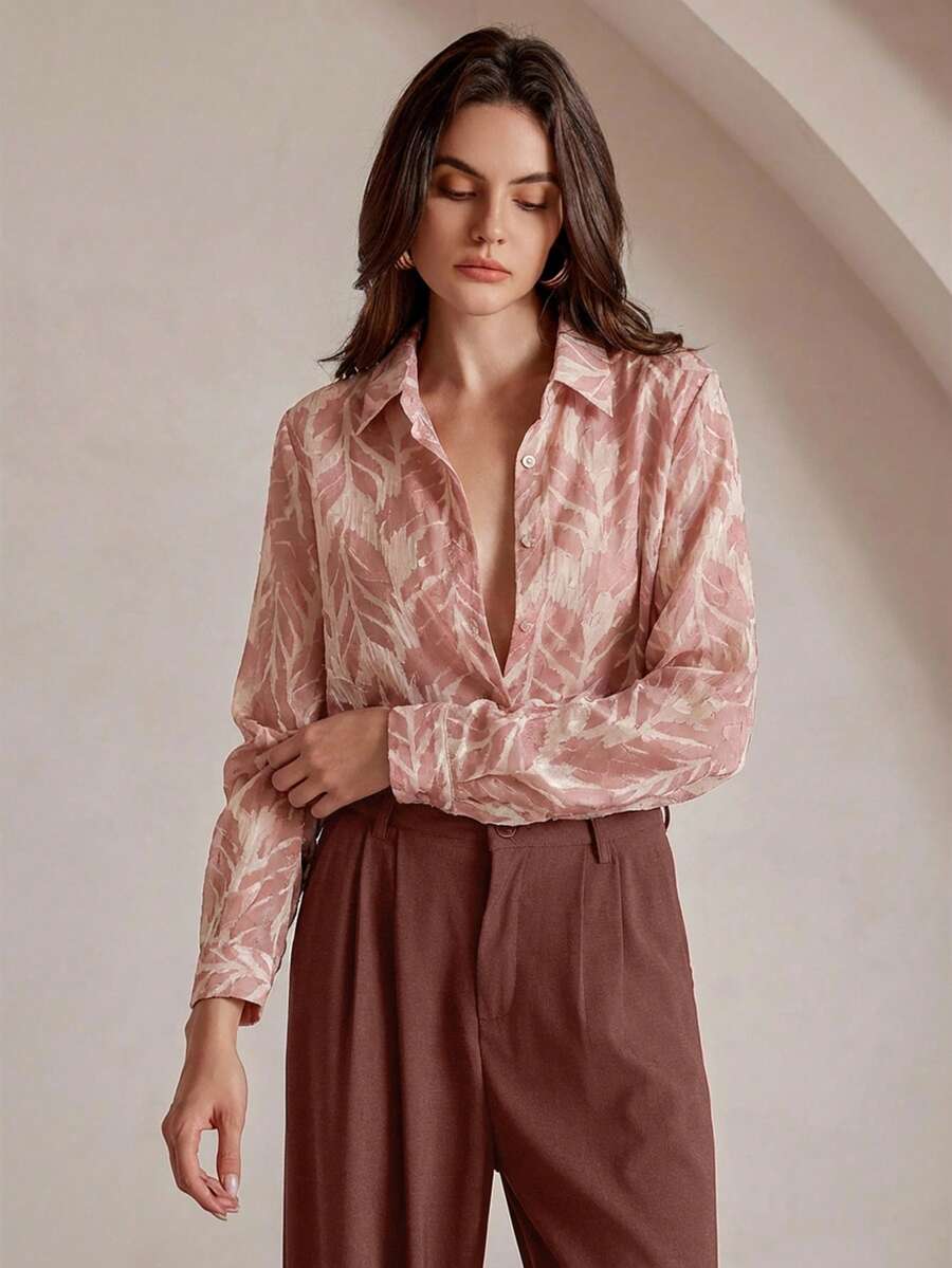 Anewsta 复古优雅树影植物叶子热带印花雪纺薄纱宽松长袖女式衬衫 - 藕粉色 - 查看 1