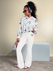 Paul Frank X SHEIN Tween Girls Summer/Spring Drawstring Waist Embroidery Cartoon Pattern Flare Leg Pants, Flared Sweatpants, Cute Sweatpants, Sweats For Girls,Girls Joggers - Light Grey - View 2