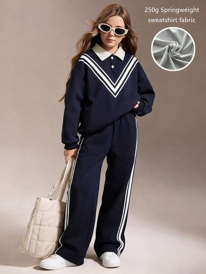 2 st/set flickor casual enkel polotröja med krage, med vitt vävt band på ärm och byxsidor, broderad dekor framtill, lämplig för skolan, utflykter, promenader