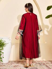 Tween Girls 2pcs/Set Metallic Embroidered Collar Dress & Black Mesh Floral Jacket,Dark Red,Autumn,Muslim,Wedding Guest - Burgundy - View 6