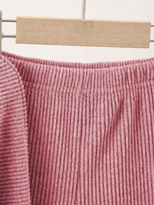 SHEIN 女童休闲T恤套装，不规则高领针织抓绒纯色长袖T恤上衣搭配米色休闲喇叭裤，两件套，适合春、秋、冬、返校季穿着，优雅淑女风，日常、上学、旅行、聚会皆宜。 - 西瓜粉 - 查看 7
