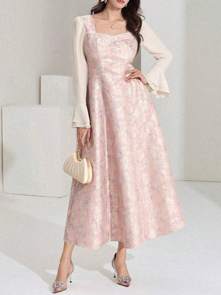 Women's Floral Print Ruffle Sleeve Waist Cinched Midi Party Dress Sundress