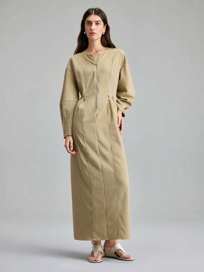 Ontre 2026 Spring/Summer New Arrival, Versatile Sleeveless Vest For Women, Solid Color, Tie Waist, Suitable For Casual, Business, Commuting; Vintage Elegant Backless Zipper Waist Slit O-Shaped Maxi Dress, Suitable For Wedding Guest