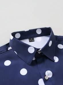 Manfinity Mode Men's Polka Dot Print Single-Breasted Casual/Business Long Sleeve Shirt - Navy Blue - View 6