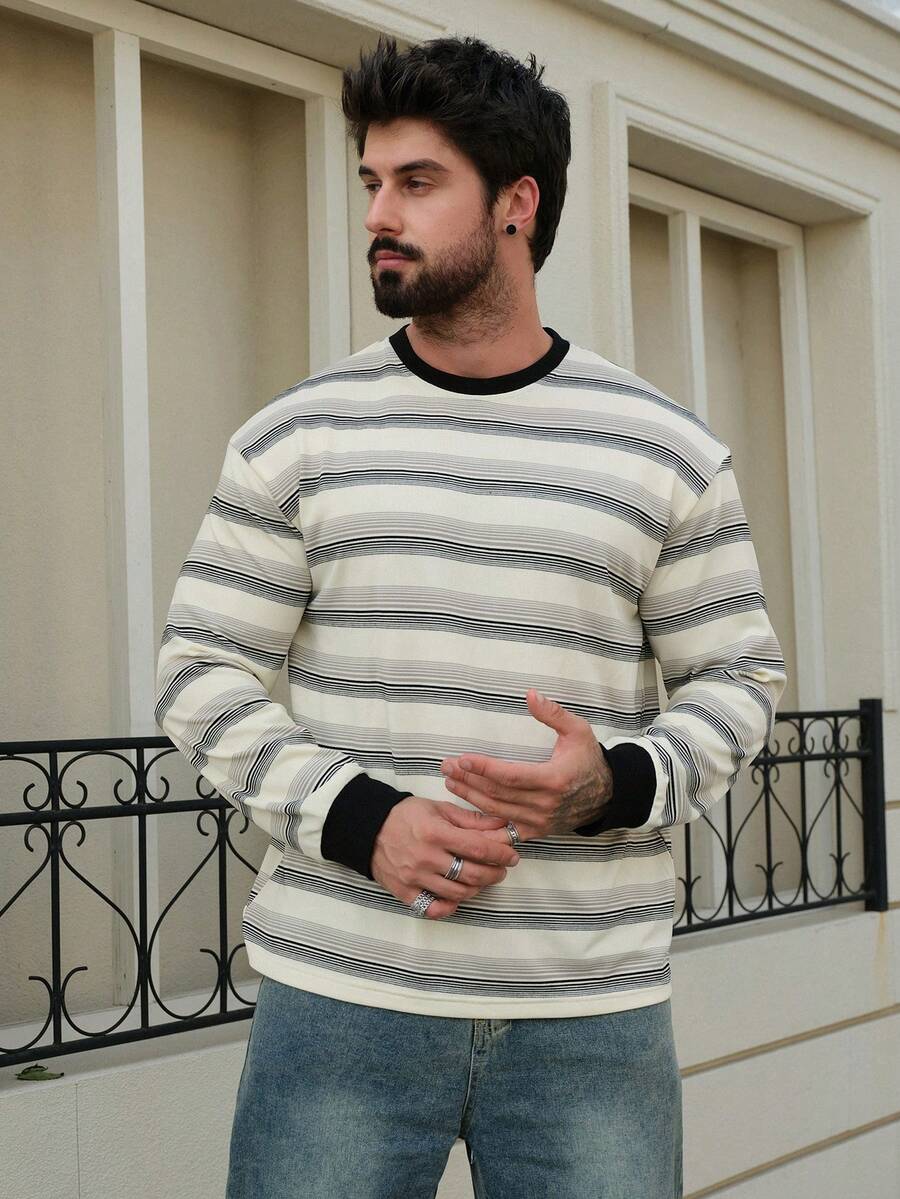 DAZY Men's Striped Crew Neck Long Sleeve Casual T-Shirt, Spring/Autumn - Multicolor - View 1