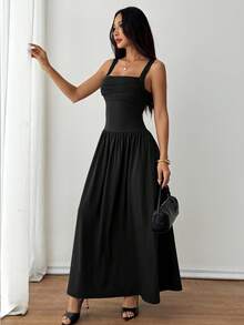 SHEIN PETITE 女士优雅纯色棕色咖啡色方领喇叭连衣裙，春夏款 - 黑色 - 查看 8