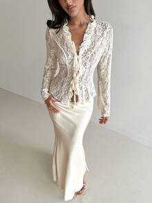 Aloruh 象牙色蕾丝长袖衬衫，优雅通勤休闲两相宜，春季必备 - 杏色 - 查看 7