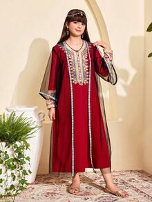 Tween Girls 2pcs/Set Metallic Embroidered Collar Dress & Black Mesh Floral Jacket,Dark Red,Autumn,Muslim,Wedding Guest - Burgundy - View 3