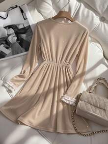 Lyxana Bow Decor Front Button Color Block Long Sleeve Dress - Khaki - View 2