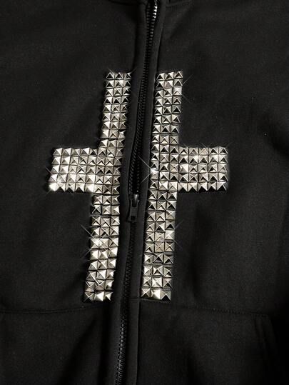 Men's Casual Fashion Street Hooded Sweatshirt With Cross Rivet Decor And Zipper, Suitable For Daily Commute, Autumn/Winter