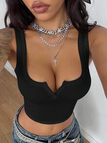 Coolane Women's Summer Concert Outfit Rave Outfit Festival Going Out Renaissance Fair Club Outfits Sexy Y2K Rib Knit White Notched Collar Truncated T-Shirt Tees - Black - View 2