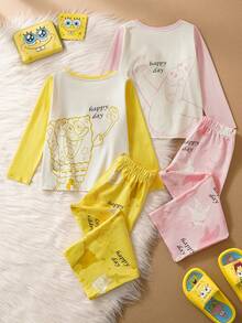 SpongeBob SquarePants | SHEIN Young Girl 2sets Comfortable Soft Contrast Cartoon Pattern Long Sleeve T-Shirt And Pants Pajama Set - Multicolor - View 2
