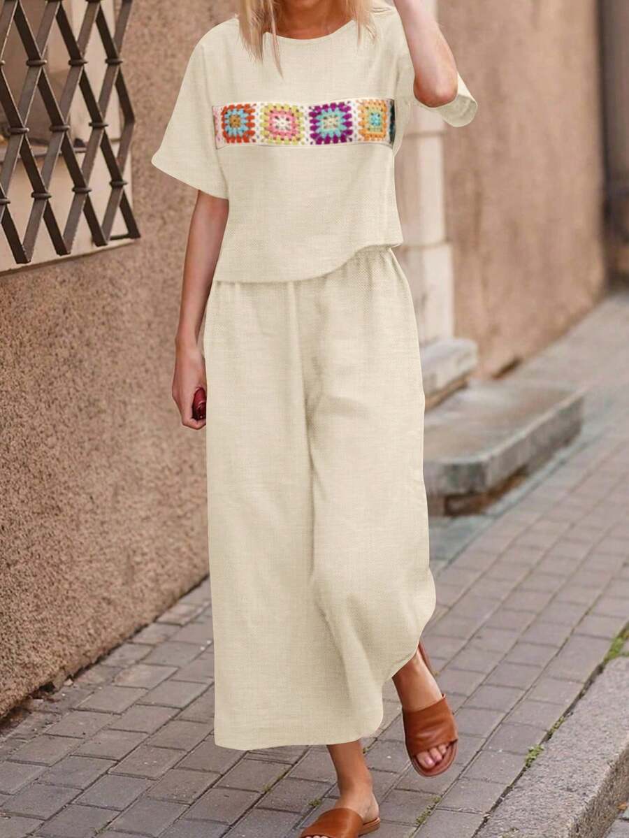 SHEIN LUNE 女士波西米亚风图案拼接短袖两件套 - 鵝黃色 - 查看 1