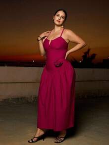 Swim Oasis 2026新款度假两件套：女士纯色时尚深V领可拆卸吊带背心+配套3D玫瑰装饰迷你裙，春夏拉斯维加斯夜生活装扮，凸显身材的泳装，优雅的生日装扮，紫色连衣裙，哈瓦那夜生活装扮 - 玫紅色 - 查看 3