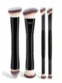 4pcs Professional Dual-Ended Makeup Brush Set: Foundation, Concealer, Powder, Blush, Contour, Bronzer | Soft Synthetic Fiber Travel Brushes For Easy Blending & On-The-Go Makeup Application - Black - View 1