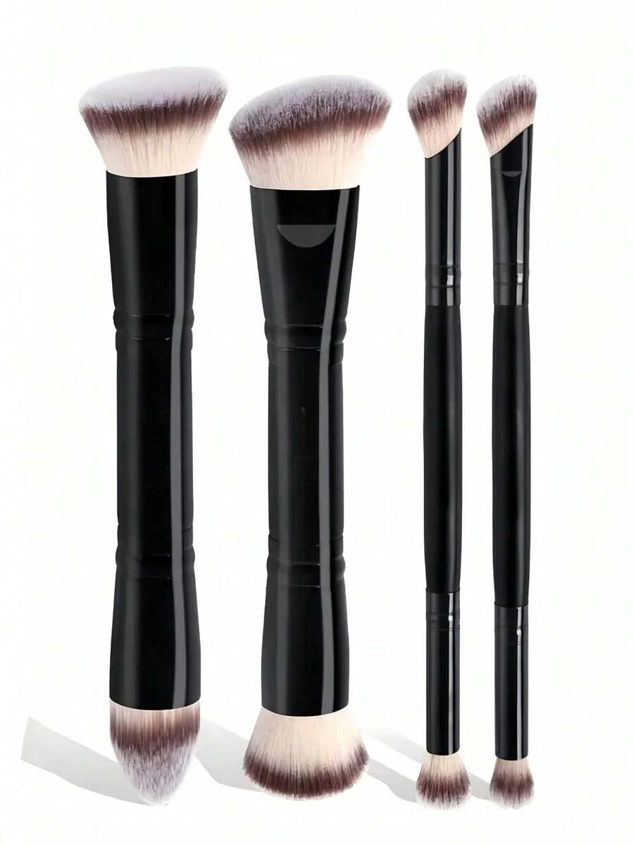 4pcs Professional Dual-Ended Makeup Brush Set: Foundation, Concealer, Powder, Blush, Contour, Bronzer | Soft Synthetic Fiber Travel Brushes For Easy Blending & On-The-Go Makeup Application - Black - View 1