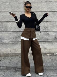 DAZY 女士宽松二合一遮腿长裤 Y2k - 棕色 - 查看 6