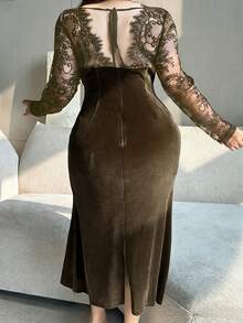 Dazy Plus Plus Size Women's Velvet Contrast Lace Bodycon Party Dress, Sexy & Stretchy For Dates - Khaki - View 2