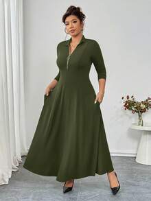 Elenzga 大码柔软针织面料翻领拉链装饰长袖收腰连衣裙，休闲百搭，适合外出、聚会、约会和居家穿着。 - 軍綠色 - 查看 7