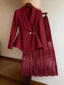 GlowEve CURVE 大码女式褶皱腰部亮片百褶裙两件套，派对宴会服装 - 酒紅色 - 查看 1