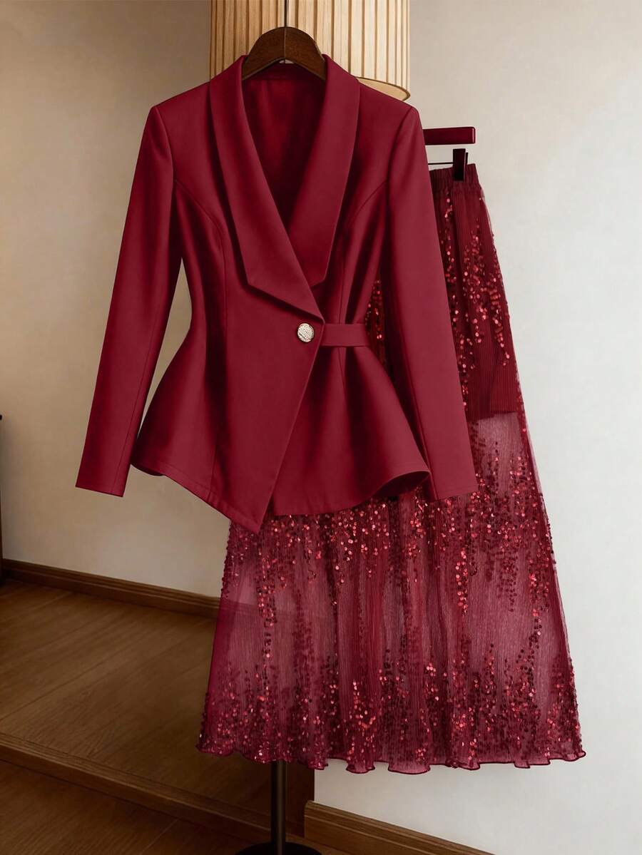 GlowEve CURVE 大码女式褶皱腰部亮片百褶裙两件套，派对宴会服装 - 酒紅色 - 查看 1