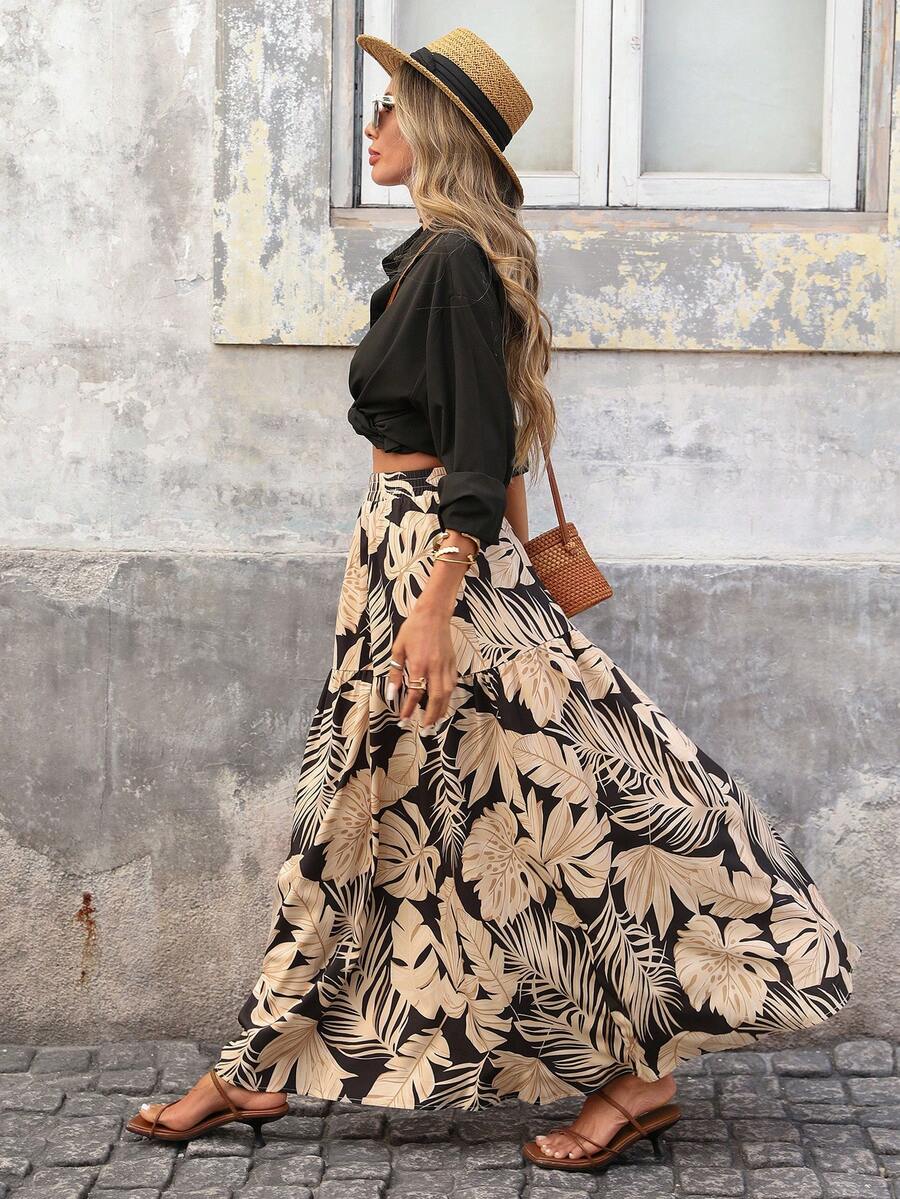 Brillora 女士弹力腰宽松印花沙滩裙，适合春夏度假 - 彩色 - 查看 1