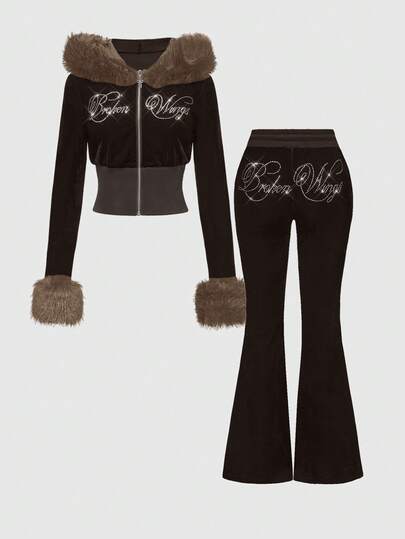 J-Fashion 2 Stücke Y2K Samt Sweatshirt Set mit Strass Verzierung für Damen, Herbst/Winter