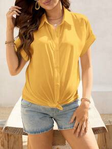 SHEIN Camisa de maternidad casual de unicolor con botones y manga corta - Amarillo - Ver 5