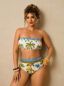 Travachic Plus Size Women Coconut Tree Print Swimwear Set, Bandeau Swimwear Top - Multicolor - View 6