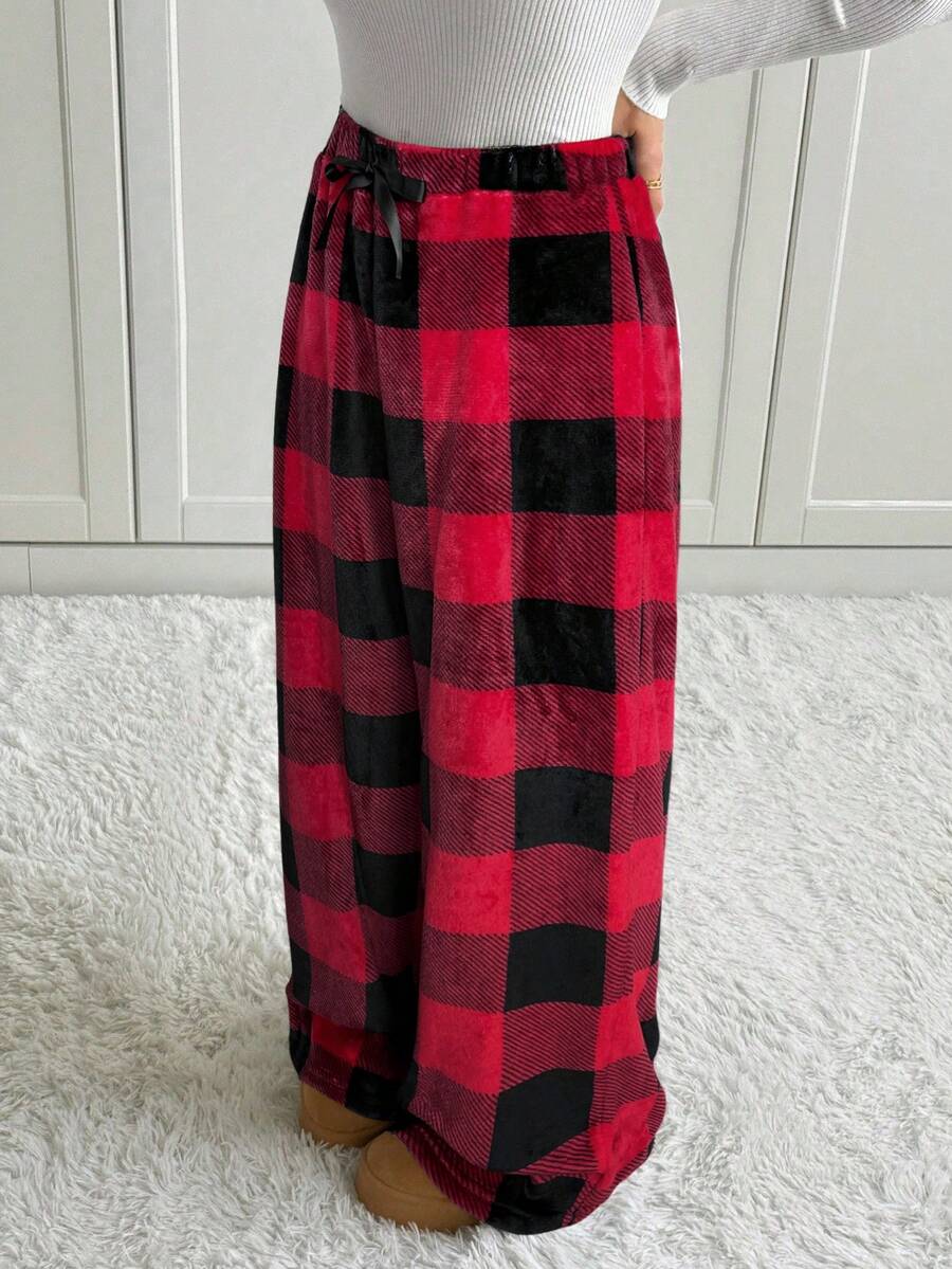SHEIN Tall Women's Tie-Waist Fluffy Plaid Print Casual Wide Leg Baggy Pants,New Year's For Women Red Plaid Pants - Multicolor - View 1