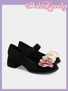 Dola Lovely Zapatos Mary Jane de tacón grueso de ante negro con estampado floral retro y lindo, adecuados para Halloween, Navidad y Acción de Gracias - Negro - Ver 3