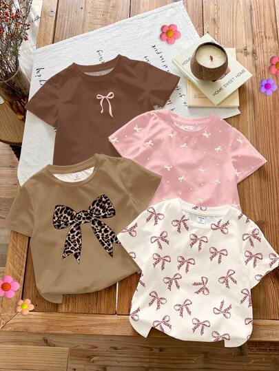 4pcs/Set Baby Girl Casual Minimalist Bowknot Round Neck Short Sleeve T-Shirts, Cream White, Cream Khaki, Cream Pink, Retro Leopard Bow, Mini Polka Dot Bow Patterns, Suitable For All Seasons