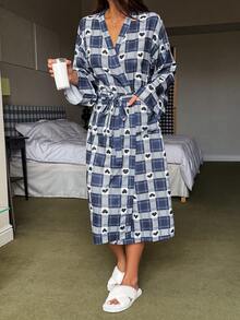 Dream Adore 女士格子爱心印花喇叭袖系带睡袍 - 霧霾藍 - 查看 7