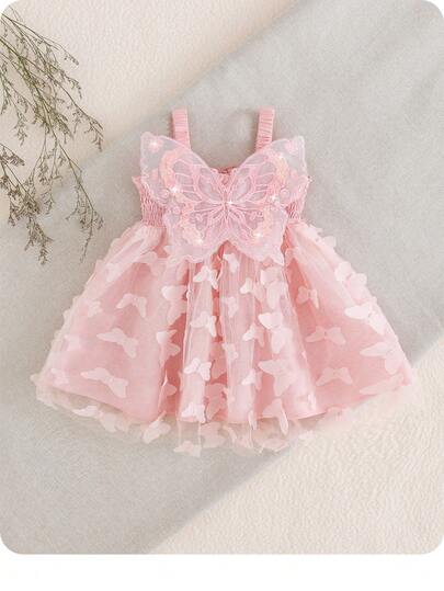 Newborn Baby Girl Elegant Floral Mesh Dress, Pink
