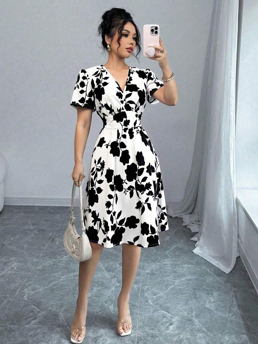 Selianne Women's Elegant Ruched Print Bodycon Mini Dress, Suitable For Commuting And Everyday Wear - Black - View 1