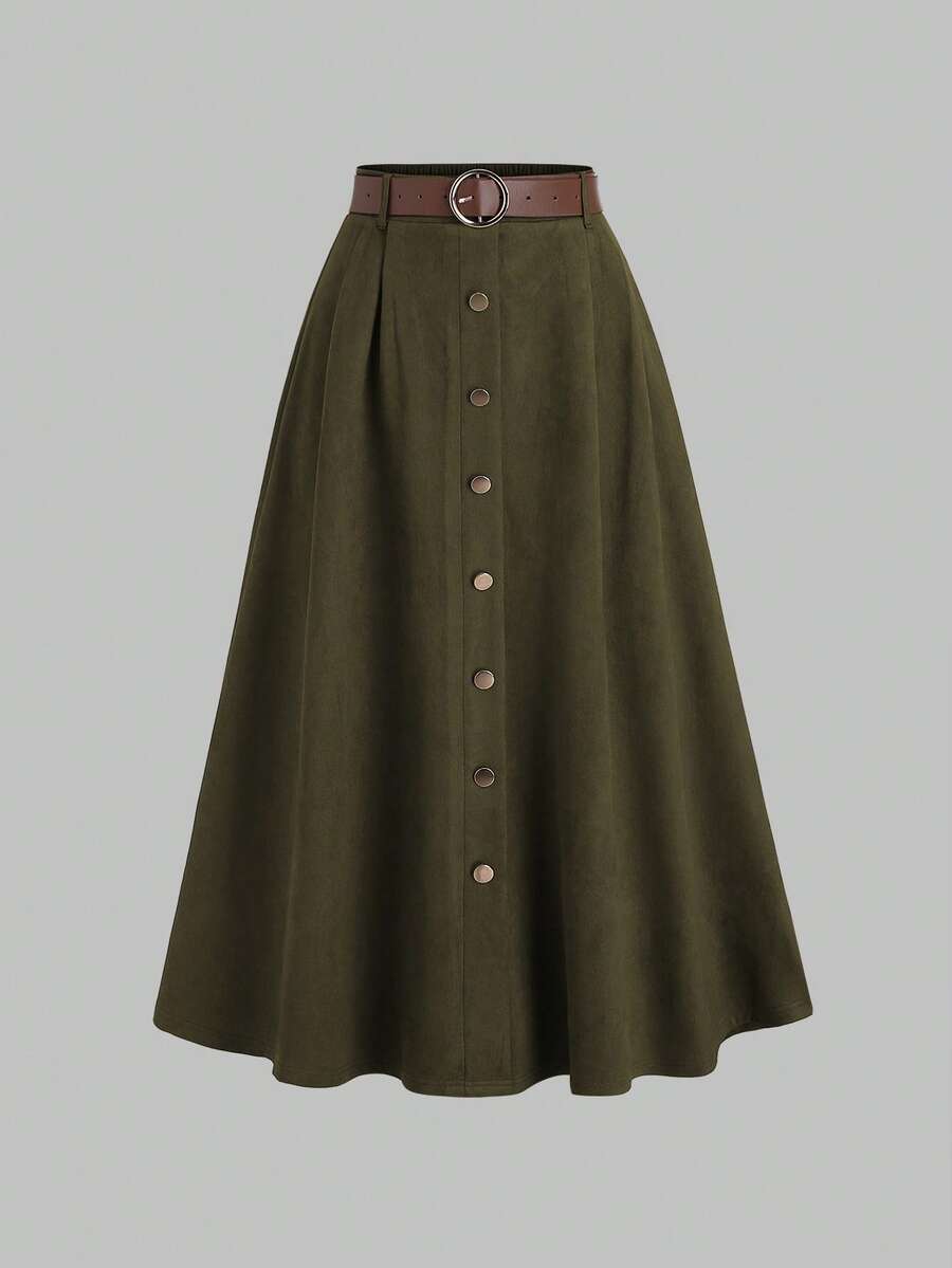 Sweetra Chân váy nữ màu nâu cà phê bằng da lộn giả lông thú, kiểu dáng đơn giản, thích hợp cho mùa Thu/Đông. - xanh quân đội - Xem 1