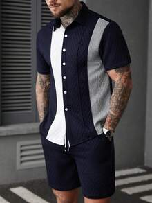 Manfinity Homme Men's Casual Contrast Color Short Sleeve Shirt & Shorts Set - Multicolor - View 3