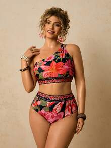 Travachic Bộ bikini cỡ lớn in họa tiết nhiệt đới, khoét eo, kiểu cổ yếm, thích hợp cho kỳ nghỉ hè trên bãi biển. - màu đen - Xem 4