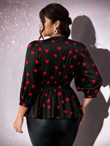 Viva Relle 大码女士性感V领灯笼袖爱心印花衬衫 - 黑色 - 查看 3